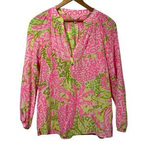 Lilly Pulitzer Elsa Silk Blouse Pink Sunset Home Slice Print Sz XS